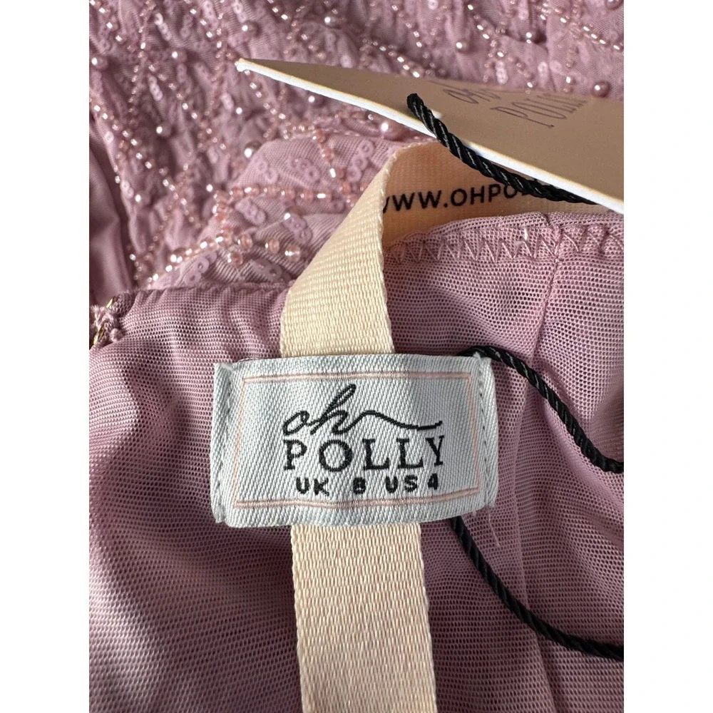 Oh Polly Mauve Beaded Sequin Midi Dress Square Neck Side Slit Purple US 4 NEW - Picture 9 of 9